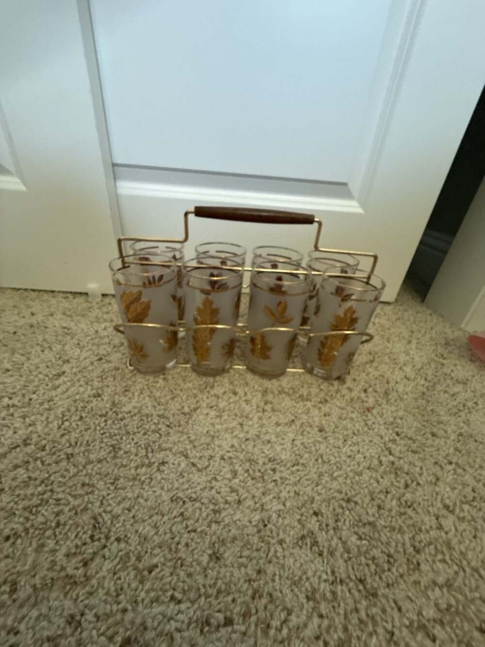 Vintage Libbey Golden Foliage Frosted Highball Glasses w/Caddy - Set of 8